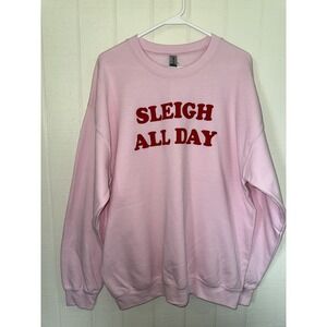 NWT Gildan Heavy Blend Sleigh All Day Pink Christmas Graphic Sweatshirt Large